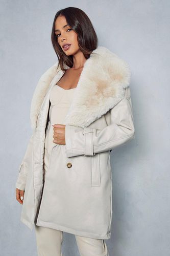Womens Leather Look Fur Collar Detail Trench Coat - - 10 - MISSPAP - Modalova