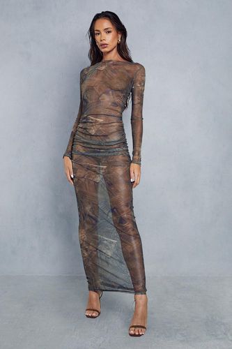 Womens Mesh Jean Print Ruched Maxi Dress - - 8 - MISSPAP - Modalova