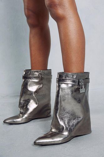 Womens Metallic Fold Over Padlock Knee High Boots - - 3 - MISSPAP - Modalova
