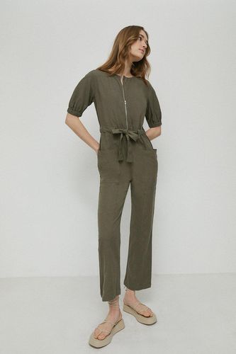 Womens Linen Mix Zip Front Puff Sleeve Boilersuit - - 12 - Warehouse - Modalova