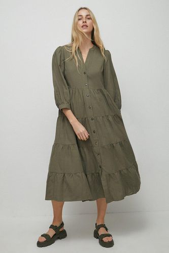 Womens Linen Mix Puff Sleeve Tiered Midi Dress - - 10 - Warehouse - Modalova