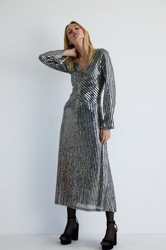 Womens Sequin Stripe Plunge Maxi Dress - - XS - Warehouse - Modalova