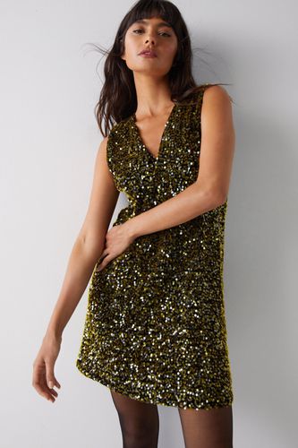 Womens Velvet Sequin Plunge V Neck Shift Dress - - 16 - Warehouse - Modalova