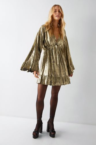 Womens Gold Metallic Tie Detail Skater Dress - - 16 - Warehouse - Modalova