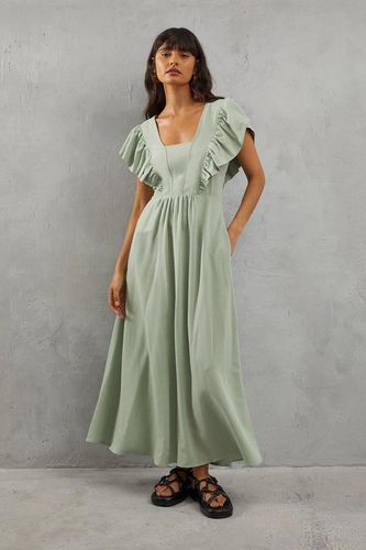 Womens Linen Frill Neck Plunge Neck Midi Dress - - 10 - Warehouse - Modalova