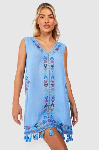 Womens Cheesecloth Embroidered Tassel Beach Mini Dress - - L - boohoo - Modalova