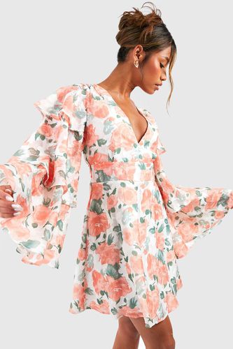 Womens Floral Chiffon Layered Frill Sleeve Skater Dress - - 10 - boohoo - Modalova