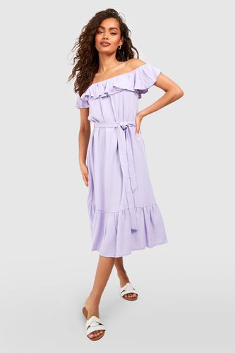 Womens Linen Bardot Frill Midi Dress - - 8 - boohoo - Modalova