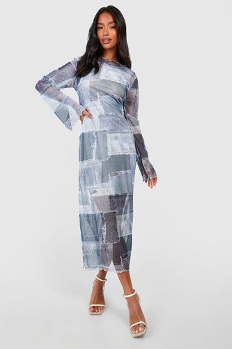 Womens Petite Denim Print Mesh Midaxi Dress - - 10 - boohoo - Modalova