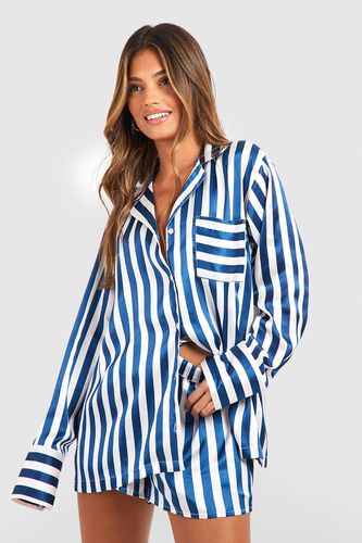 Womens Oversized Contrast Stripe Pyjama Shirt & Short Set - - 10 - boohoo - Modalova
