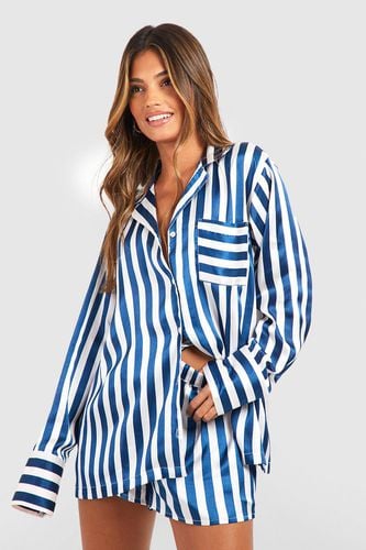 Womens Oversized Contrast Stripe Pyjama Shirt & Short Set - - 14 - boohoo - Modalova
