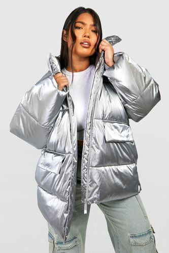 Womens Plus Metallic Oversized Hooded Puffer Jacket - - 16 - boohoo - Modalova
