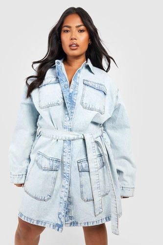 Womens Plus Belted Denim Shirt Dress - - 18 - boohoo - Modalova