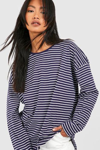 Womens Long Sleeve Striped Crew Neck Cotton T-shirt - - XS - boohoo - Modalova