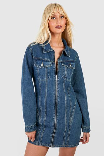 Womens Zip Through Denim Mini Shirt Dress - - 10 - boohoo - Modalova