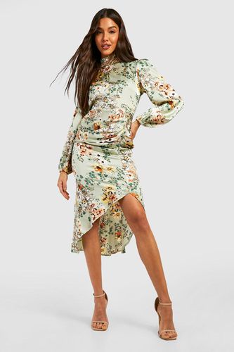 Womens Floral Print High Neck Ruched Midi Dress - - 10 - boohoo - Modalova