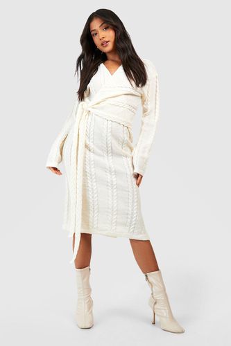 Womens Petite Cable Knit Wrap Midi Dress - - L - boohoo - Modalova