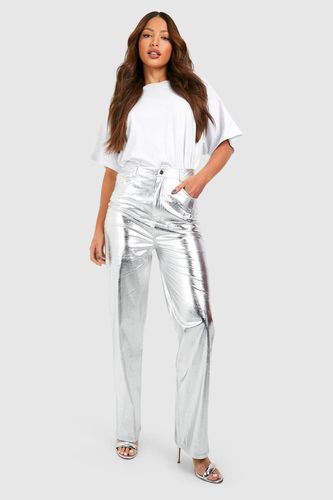 Womens Tall Metallic Leather Look High Waisted Straight Trousers - - 12 - boohoo - Modalova