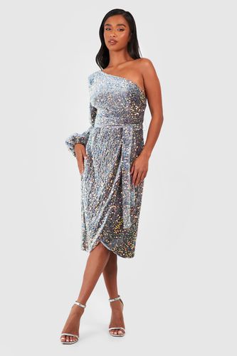 Womens Petite Velvet Sequin Asymmetric Wrap Midi Dress - - 10 - boohoo - Modalova