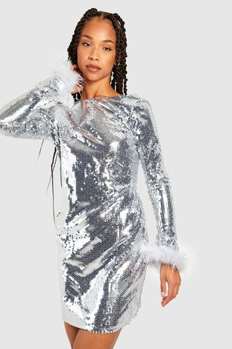 Womens Tall Sequin Fluffy Feather Trim Mini Dress - - 16 - boohoo - Modalova