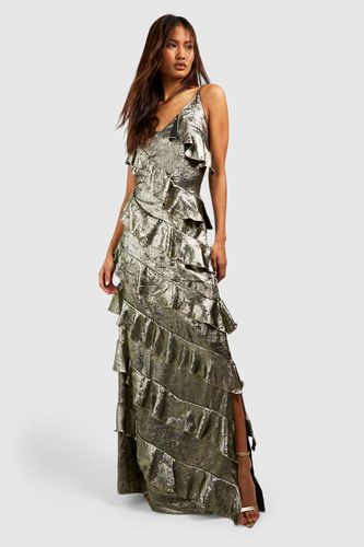 Womens Tal Metallic Ruffle Detail Maxi Dress - - 10 - boohoo - Modalova