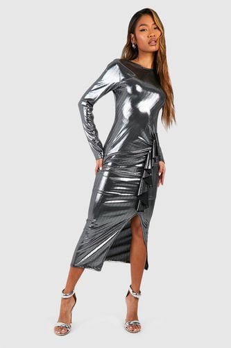 Womens Metallic Long Sleeve Frill Ruched Midaxi Dress - - 16 - boohoo - Modalova