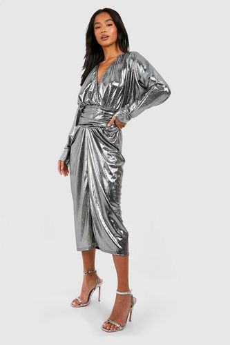 Womens Petite Plunge Wrap Foil Midi Dress - - 10 - boohoo - Modalova