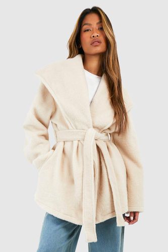 Womens Textured Shawl Collar Belted Longline Wool Look Coat - - 14 - boohoo - Modalova