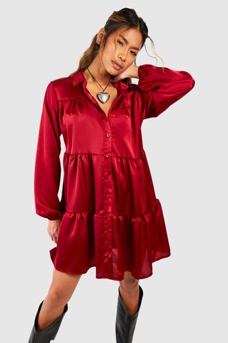 Womens Satin Tiered Smock Shirt Dress - 10 - boohoo - Modalova