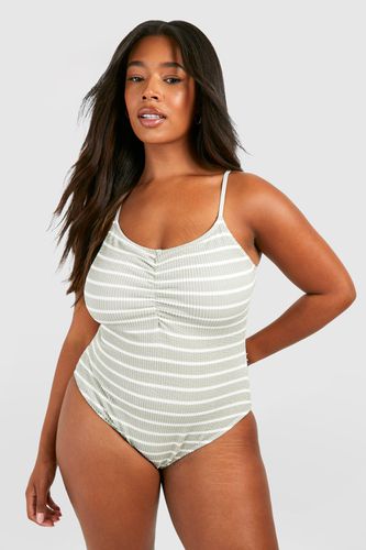 Womens Plus Crinkle Stripe Ruched Detail Swimsuit - - 16 - boohoo - Modalova