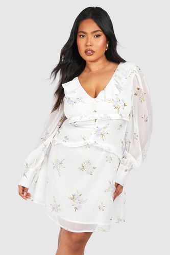 Womens Plus Woven Floral Print Ruffle Detail Long Sleeve Mini Dress - - 16 - boohoo - Modalova