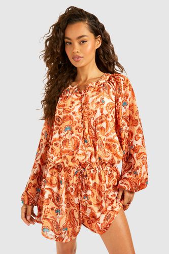 Womens Printed Dobby Long Sleeve Button Front Playsuit - - 12 - boohoo - Modalova