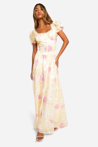Womens Floral Jacquard Puff Sleeve Milkmaid Maxi Dress - - 12 - boohoo - Modalova