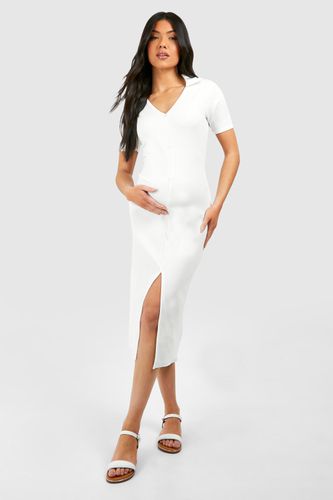 Womens Maternity Textured Rib Collard Button Down Midi Dress - - 10 - boohoo - Modalova