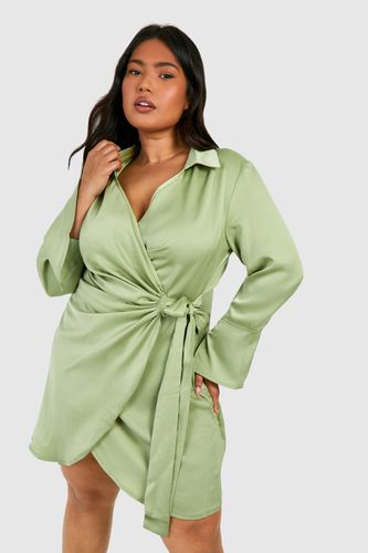 Womens Plus Satin Wrap Shirt Dress - - 16 - boohoo - Modalova