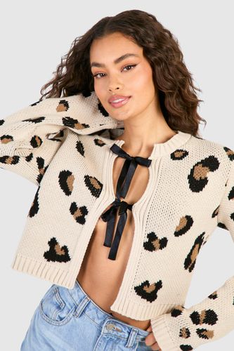 Womens Leopard Print Knitted Bow Detail Cardigan - - L - boohoo - Modalova