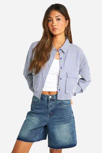 Womens Textured Striped Double Pocket Boxy Crop Shirt - - 12 - boohoo - Modalova