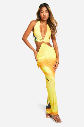 Womens Gold Trim Printed Plunge Cut Out Slinky Maxi Dress - - 14 - boohoo - Modalova