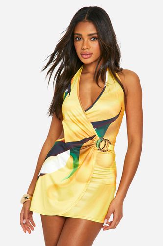 Womens Gold Trim Printed Plunge Slinky Bodycon Dress - - 14 - boohoo - Modalova