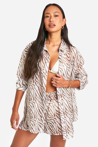 Womens Tiger Chiffon Button Up Beach Shirt - - L - boohoo - Modalova