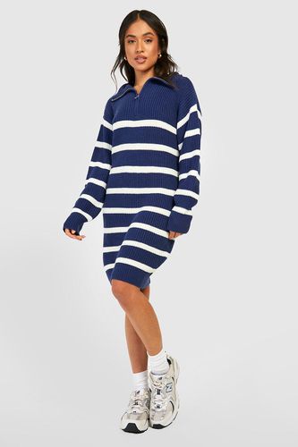 Womens Petite Half Zip Striped Jumper Dress - - L - boohoo - Modalova