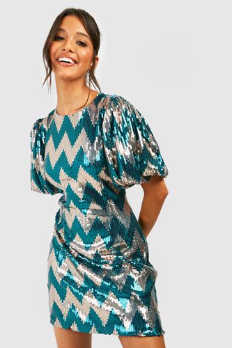 Womens Sequin Zig Zag Puff Sleeve Shift Party Dress - - 12 - boohoo - Modalova