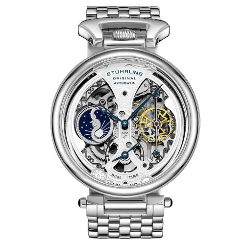 Emperor's Grandeur Dual Time Automatic 46mm Skeleton Watch with Stainless Steel Link Bracelet - - One Size - STÜHRLING Original - Modalova