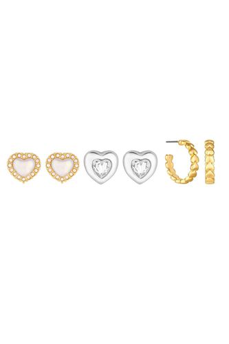 Womens Two Tone Crystal And Pearl Heart Stud Earrings - Pack of 3 - - One Size - Mood - Modalova