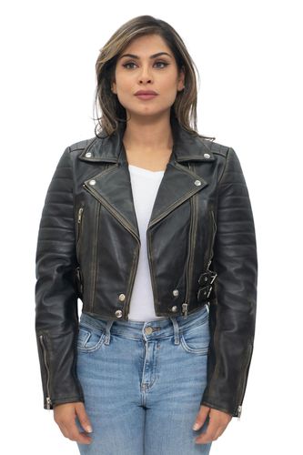 Womens Cropped Brando Leather Biker Jacket-Damascus - - 8 - Infinity Leather - Modalova