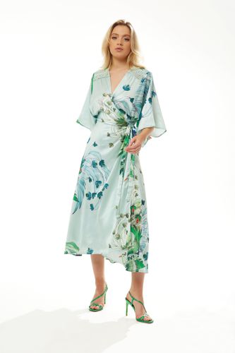 Womens Mint Green Bird And Floral Wrap Maxi Dress With Lace Details - - 8 - Liquorish - Modalova