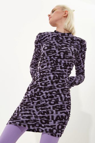 Womens Rouched Mesh Long Sleeve Printed Mini Dress In Purple And Black - - S - NastyGal UK (+IE) - Modalova