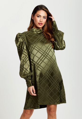 Womens Check Jacquard Mini Dress With High Neck & Puff Sleeve Details In Khaki - - 12 - NastyGal UK (+IE) - Modalova