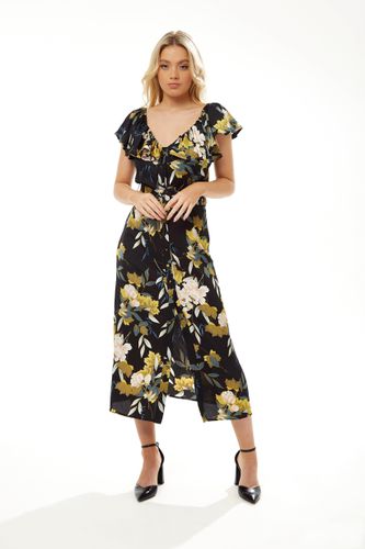 Womens Belted Midi Dress with Off Shoulder Sleeves in Navy Floral Print - - 8 - Liquorish - Modalova