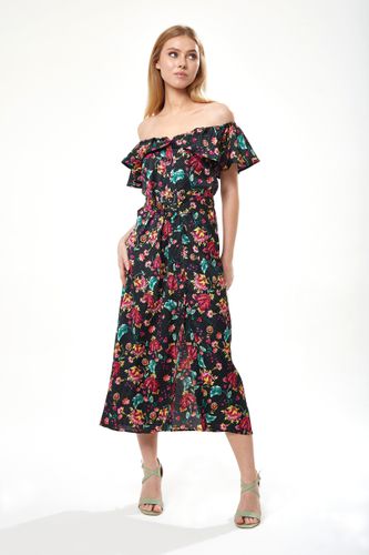 Womens Belted Midi Dress with Off Shoulder Sleeves in Black Based Floral Print - - 14 - NastyGal UK (+IE) - Modalova